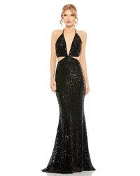 CUT OUT HALTER TIE BACK SEQUIN GOWN Black Style #93977