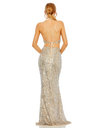 CUT OUT HALTER TIE BACK SEQUIN GOWN nude Style #93977 back