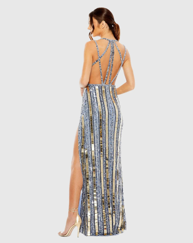 Halter neck embellished detailed back gown - Blue