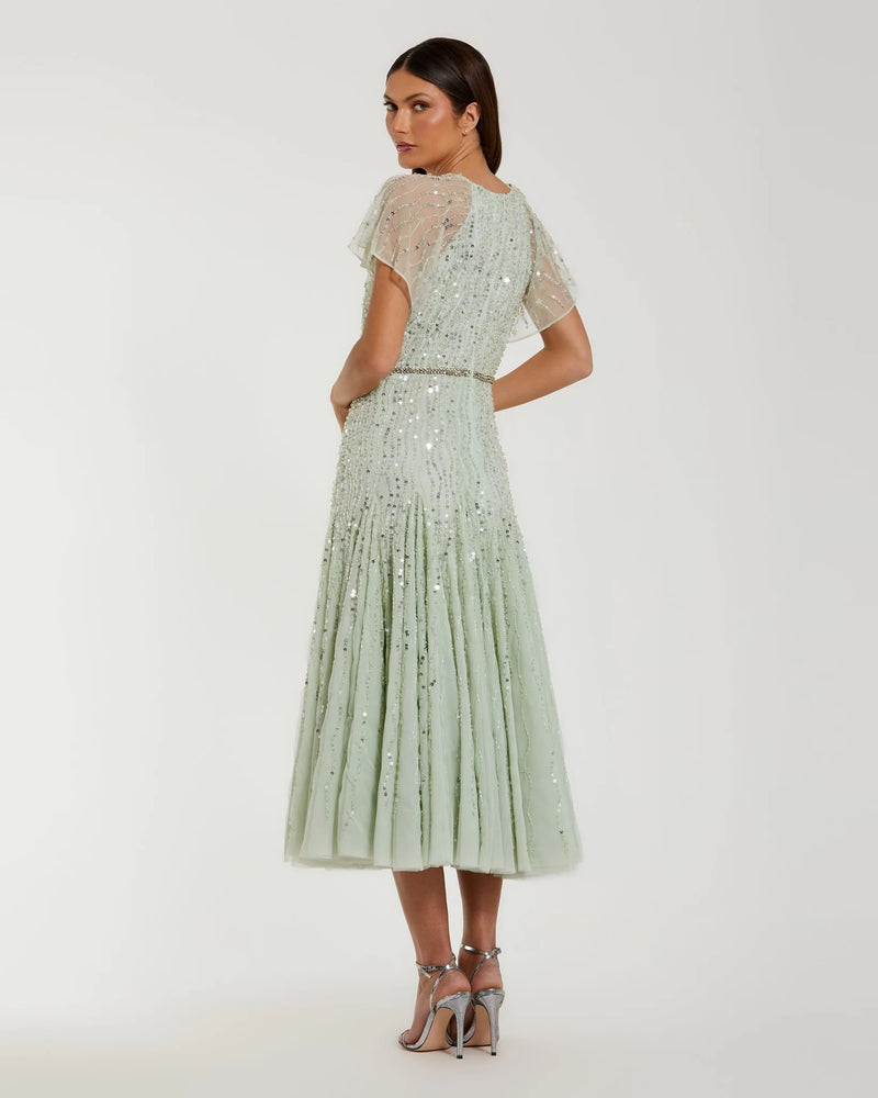 Embellished Bow Flutter Sleeve A Line Midi Dress - Seafoam