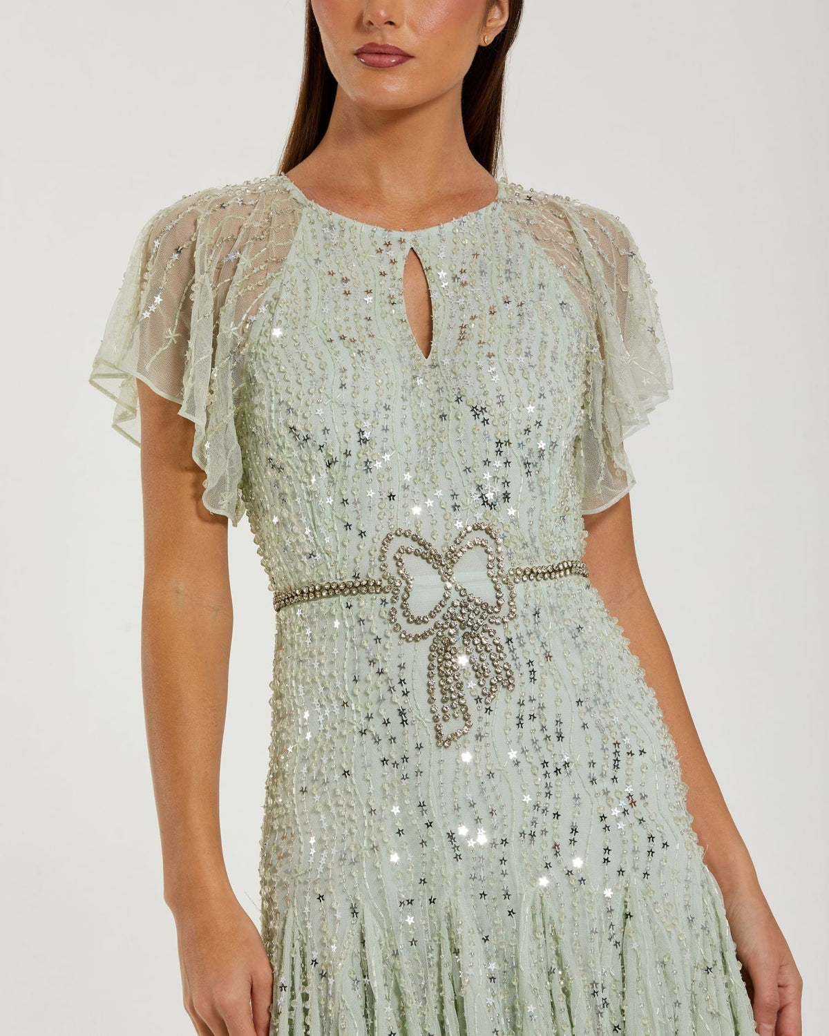 Embellished Bow Flutter Sleeve A Line Midi Dress - Seafoam