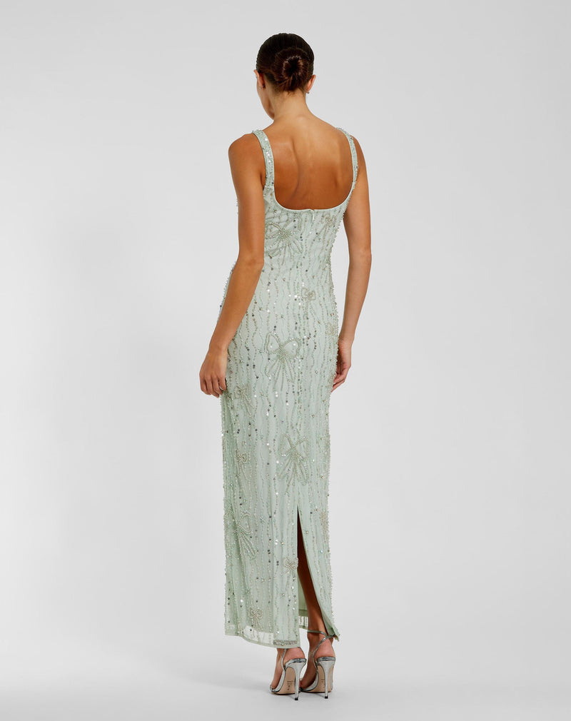 Beaded Mesh Scoop Neck Fitted Gown With Bows - Seafoam