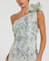 Beaded Mesh One Shoulder Trumpet Gown With Flower - Sage