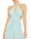 Sequin Halter Cut Out Ruffle - Aqua - Sale