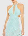 Sequin Halter Cut Out Ruffle - Aqua - Sale