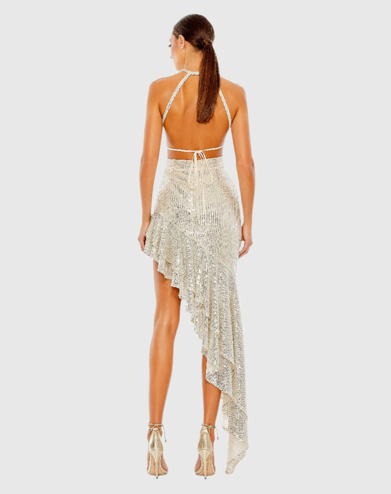 Sequin Halter Cut Out Ruffle - Silver - Sale