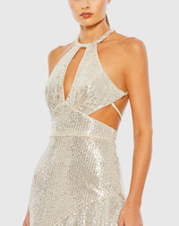 Sequin Halter Cut Out Ruffle - Silver - Sale