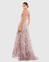 Purple Floral Embroidered Illusion V-Neck Gown - Silver