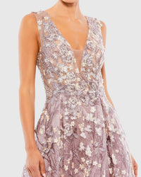 Purple Floral Embroidered Illusion V-Neck Gown - Lilac