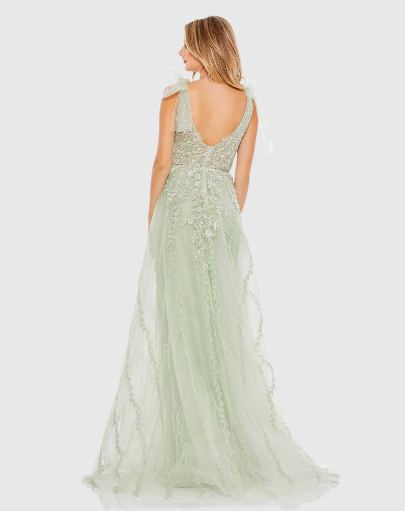 Embellished Soft Tie Sleeveless V Neck Gown - Sage