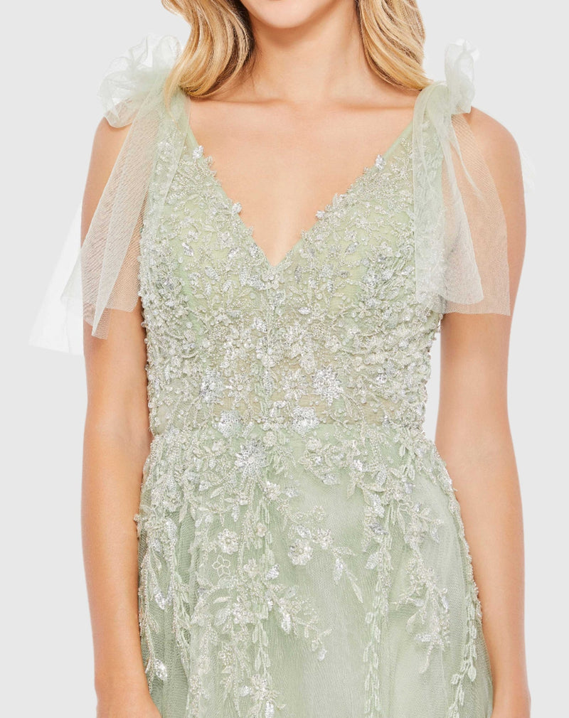 Embellished Soft Tie Sleeveless V Neck Gown - Sage