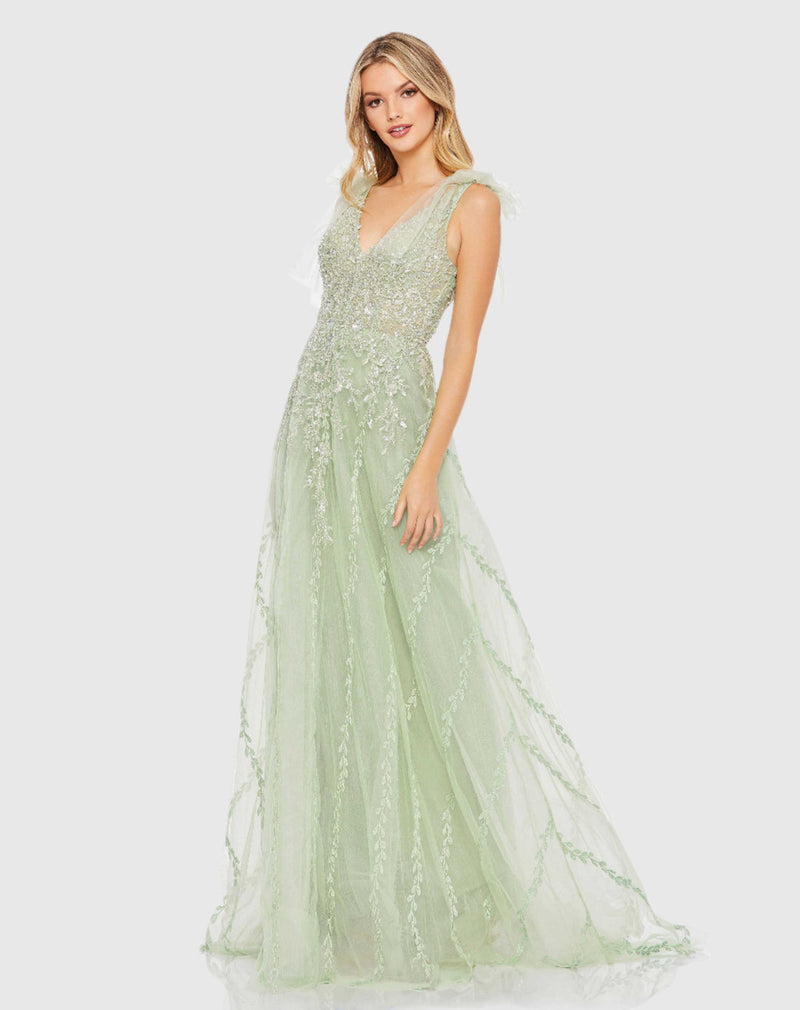 Mac Duggal Embellished Soft Tie Sleeveless V Neck Gown Sage Green #A20313 bridesmaids dress