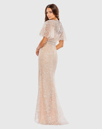 Embellished Neck Butterfly Sleeve Trumpet Gown - Blush