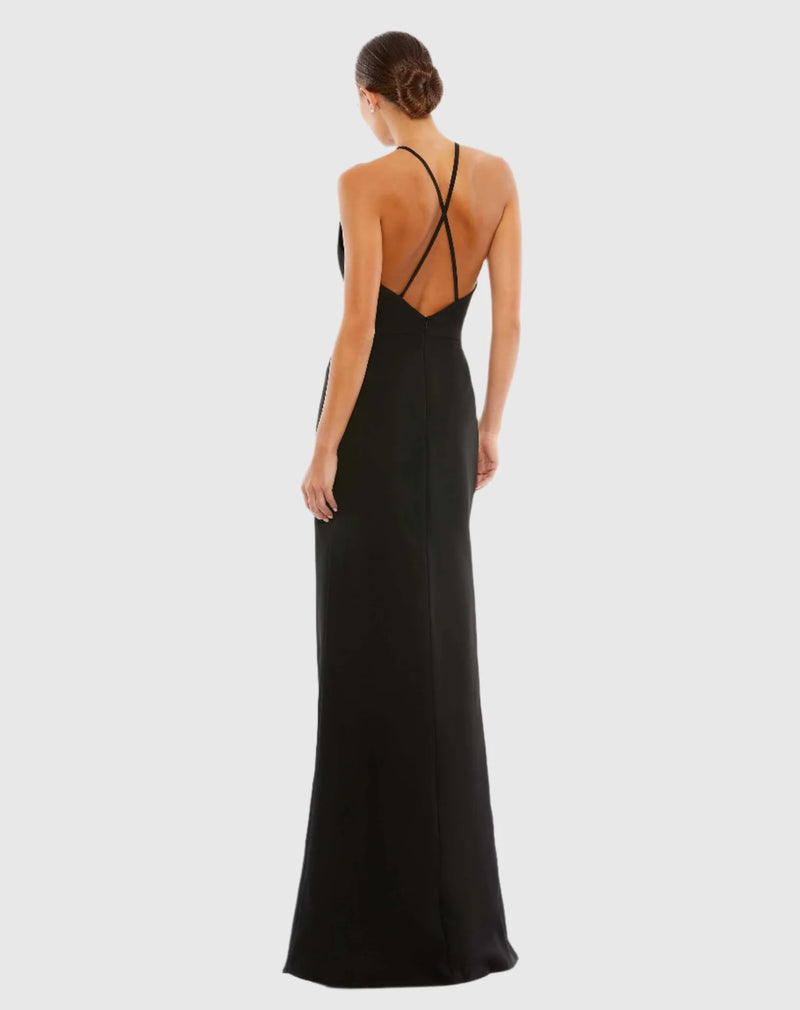 Bow halterneck criss-cross column gown - Black