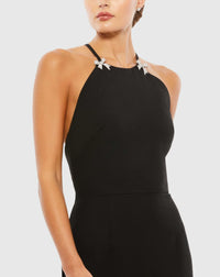 Bow halterneck criss-cross column gown - Black