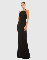 Mac Duggal, Bow halterneck criss-cross column gown - Black #A26618