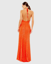 Sequin halterneck thigh split gown - Orange