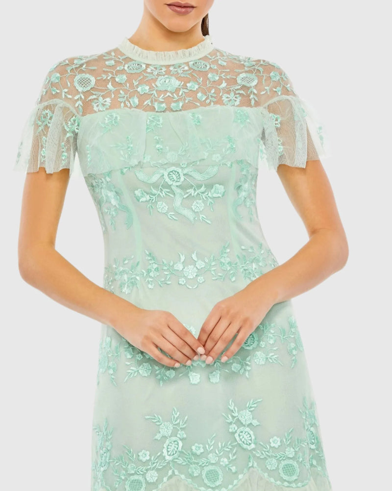 Embroidered Ruffled Cap Sleeve Midi Dress - Mint