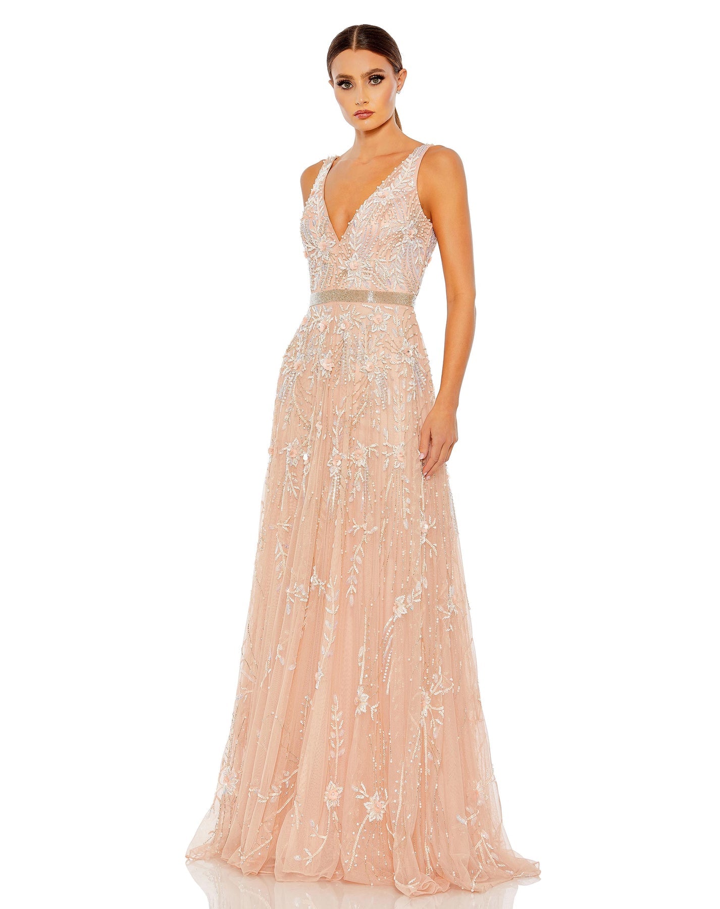 V neck plunge crystal embellished tulle princess gown Blush