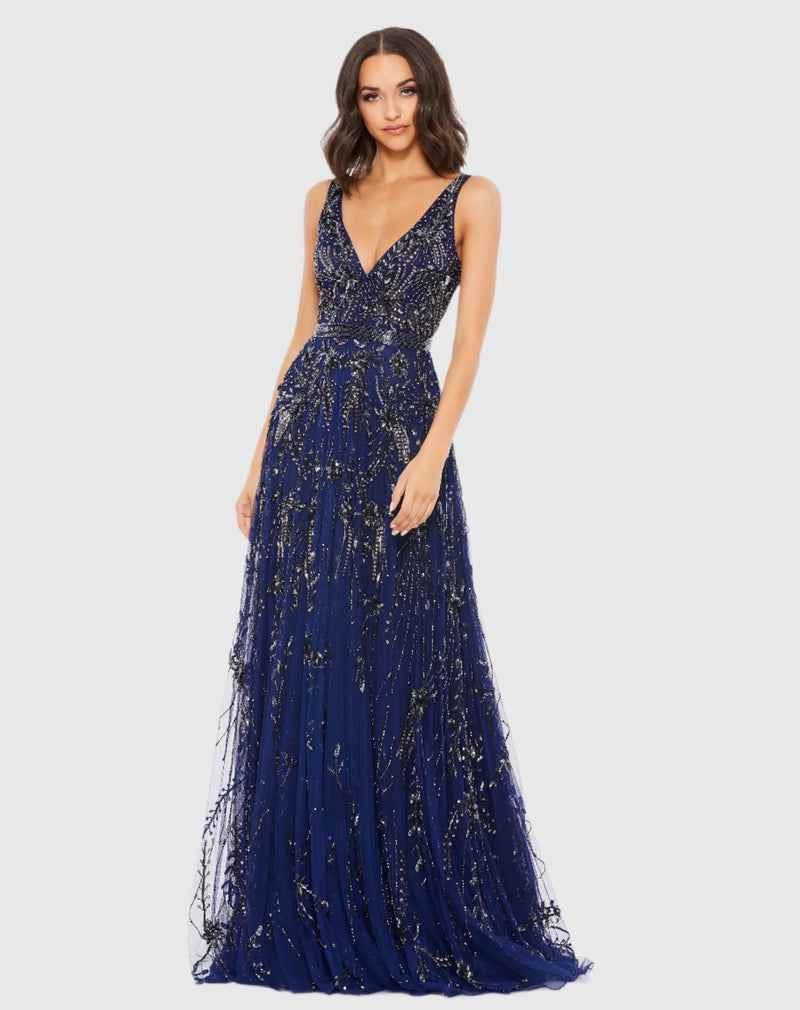 Mac Duggal, V neck plunge crystal embellished tulle princess gown - Navy #A5215