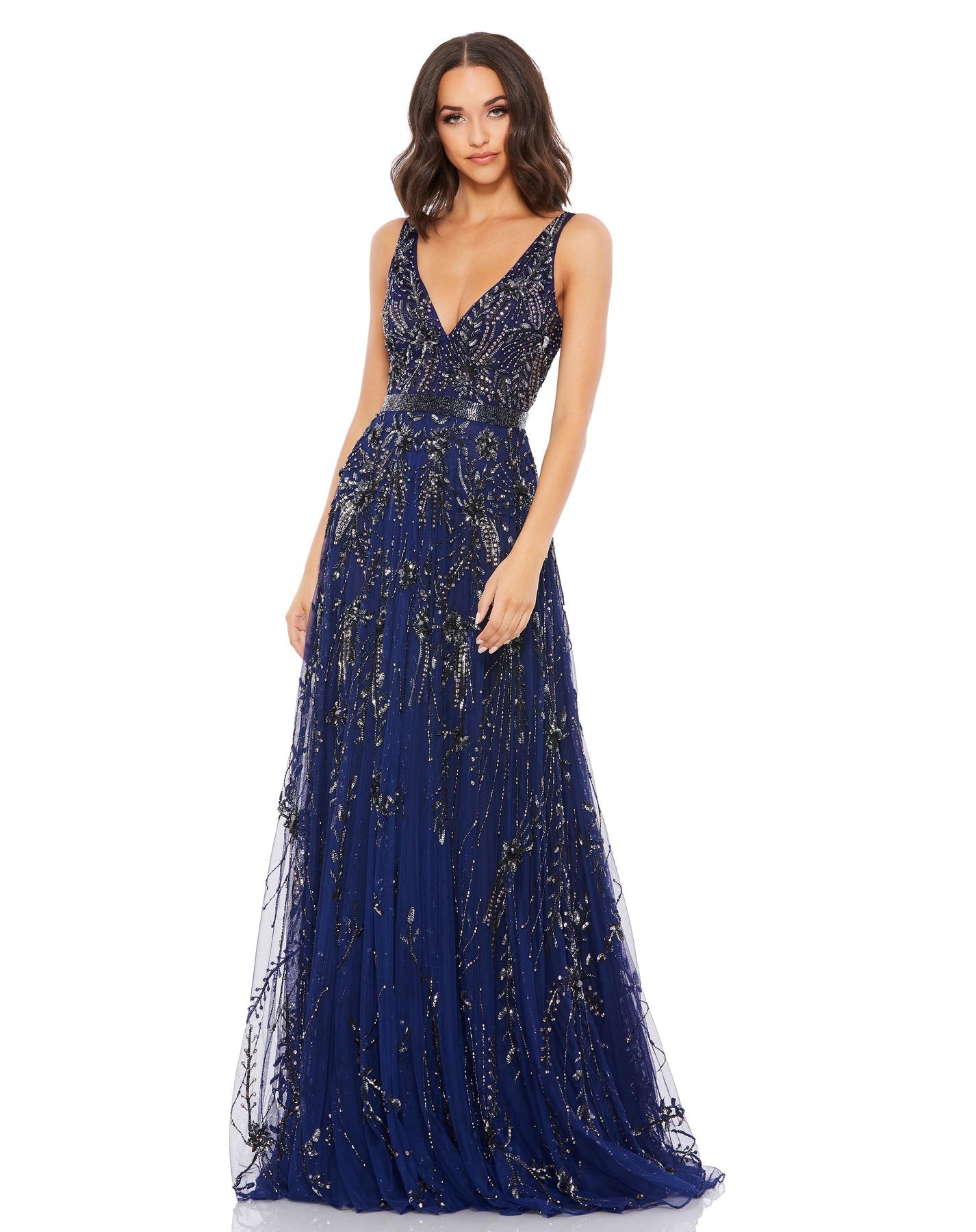 V neck plunge crystal embellished tulle princess gown Midnight Navy