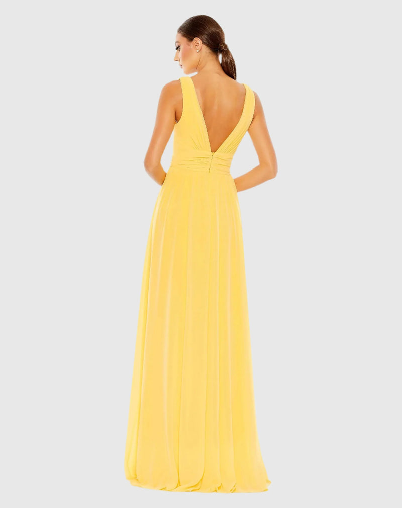 Chiffon Sleeveless Wrap Over A Line Gown - Yellow