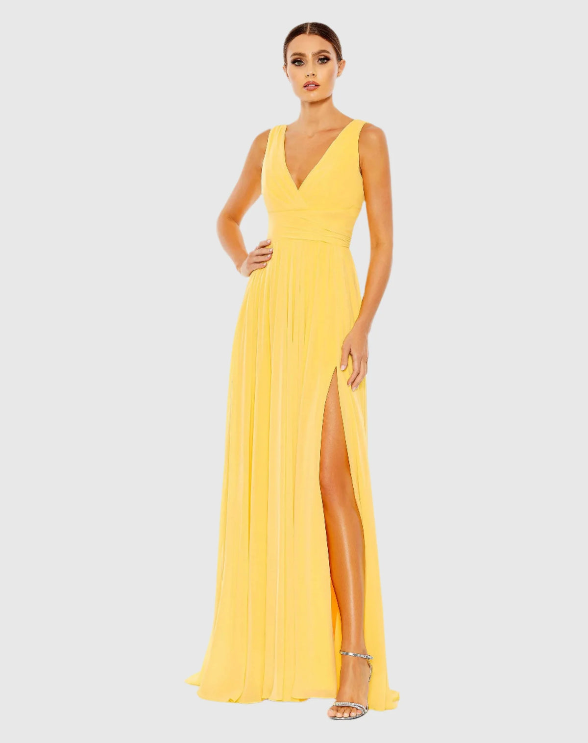 Mac Duggal Chiffon Sleeveless Wrap Over A Line Gown Yellow #A55793