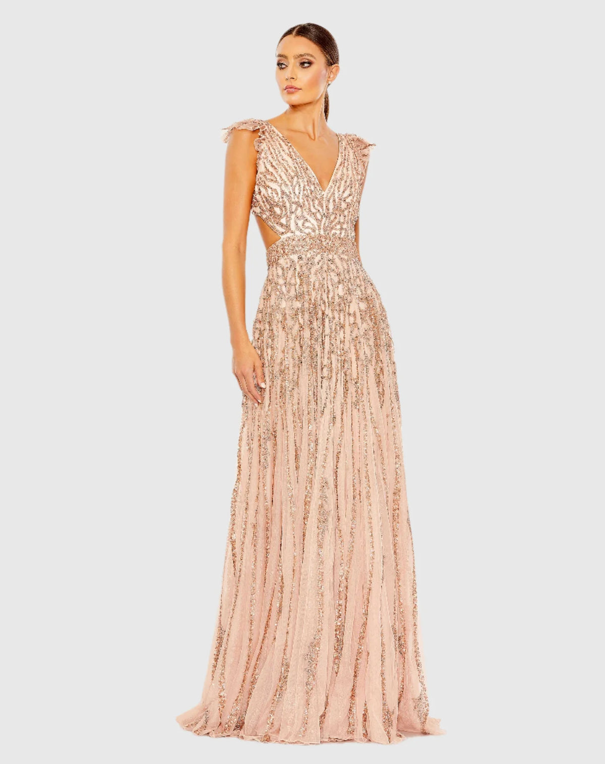 Mac Duggal, Kate Middleton Sequin cap sleeve cut out gown - Apricot #A5682