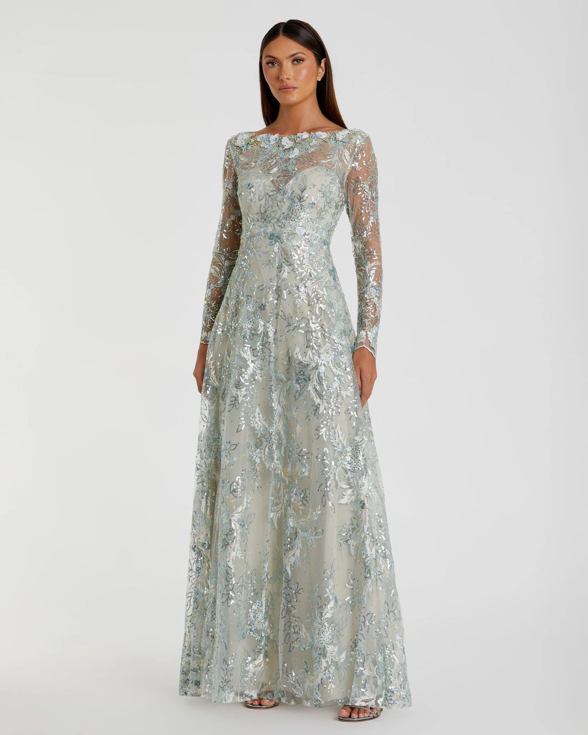 Mac Duggal Mint Floral Embroidered Illusion Long Sleeve Gown #A67498