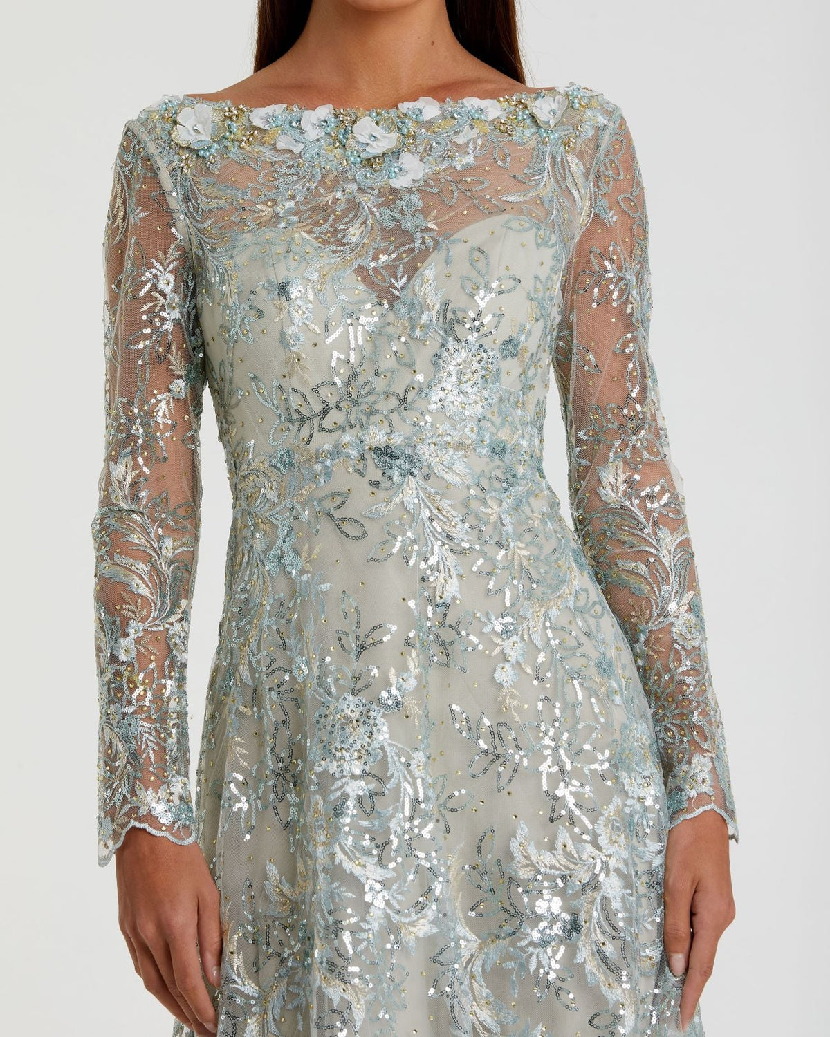 Floral Embroidered Illusion Long Sleeve Gown - Mint