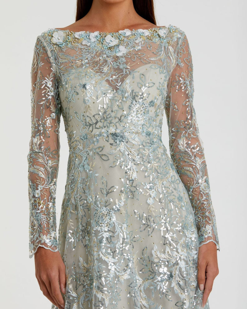 Floral Embroidered Illusion Long Sleeve Gown - Sterling