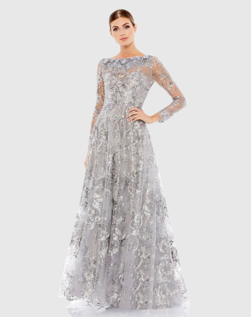 Mac Duggal Silver Floral Embroidered Illusion Long Sleeve Gown #A67498