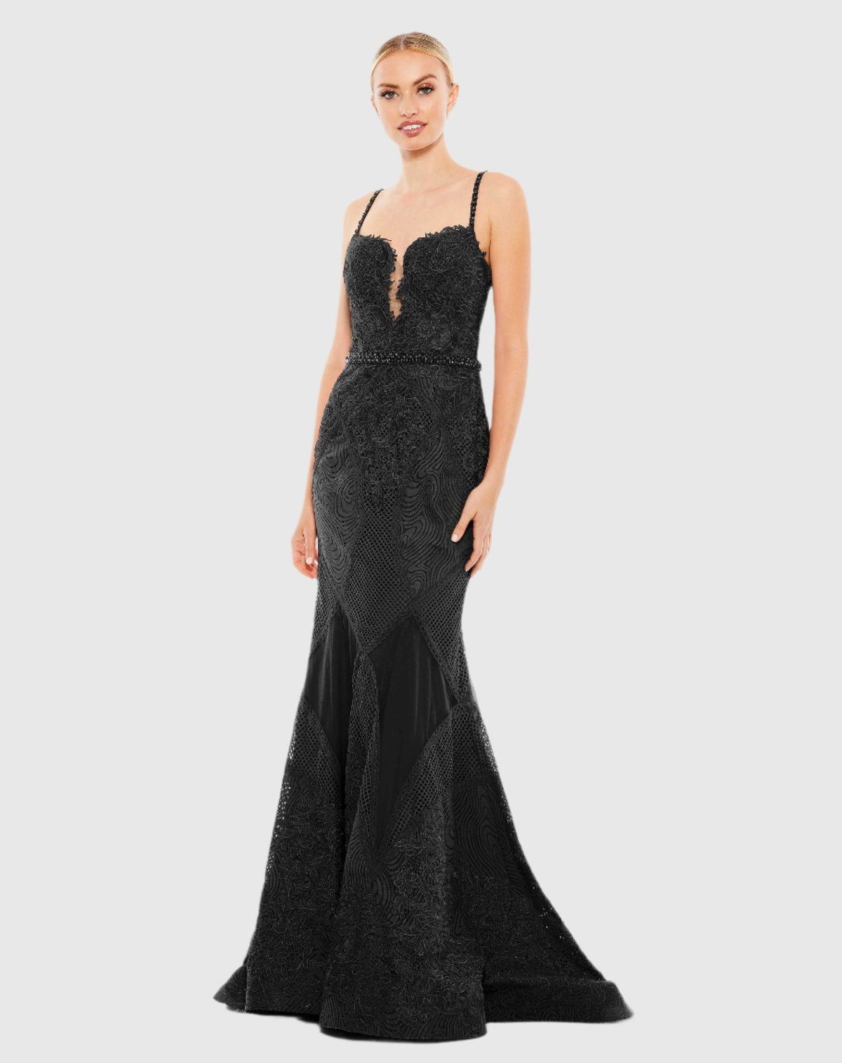 EMBROIDERED SLEEVELESS PLUNGE NECK TRUMEPT GOWN mac duggal black lace