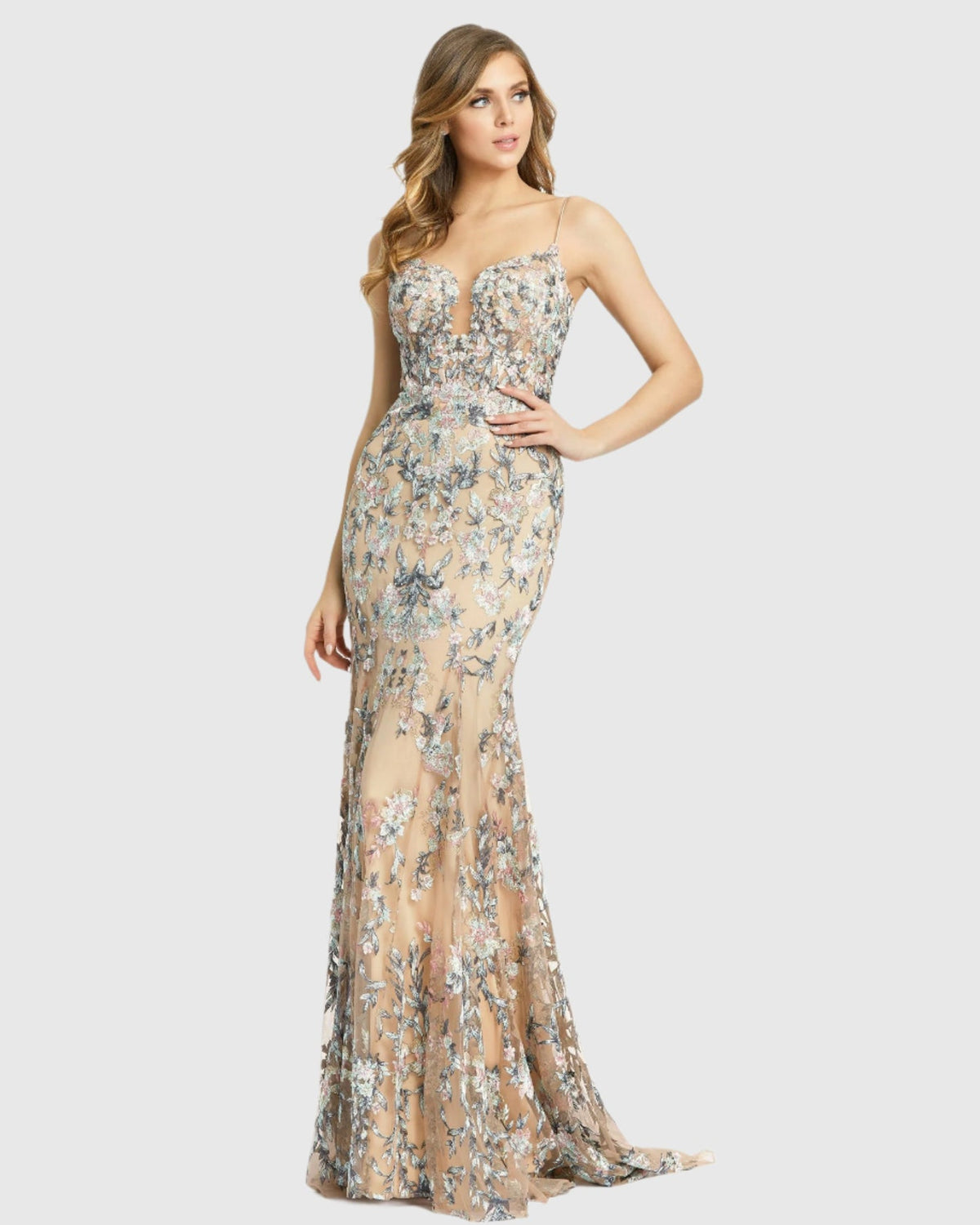 Mac Duggal #A79313 Embroidered Spaghetti Strap Mermaid Gown - Nude