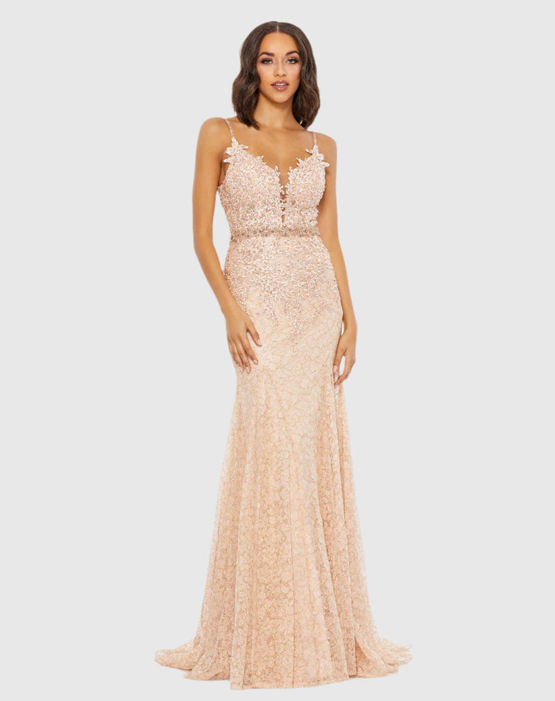 Applique Sleeveless Plunge Neck Trumpet Gown - Blush