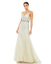 Mac Duggal #A79341 Applique Sleeveless Plunge Neck Trumpet Gown, Ivory