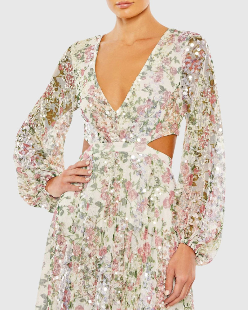 Sequin floral print cut out lace up gown - White Multi