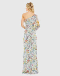 Sequin Floral Print One Sleeve Asymmetric Gown - Multi