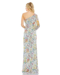 Sequin Floral Print One Sleeve Asymmetric Gown - Multi