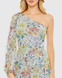 Sequin Floral Print One Sleeve Asymmetric Gown - Multi