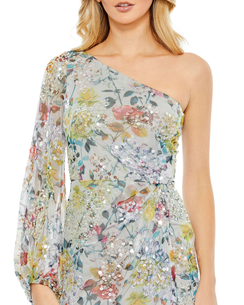 Sequin Floral Print One Sleeve Asymmetric Gown - Multi