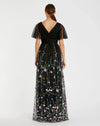 Embroidered Illusion Butterfly Sleeve V Neck Gown - Black