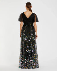 Embroidered Illusion Butterfly Sleeve V Neck Gown - Black