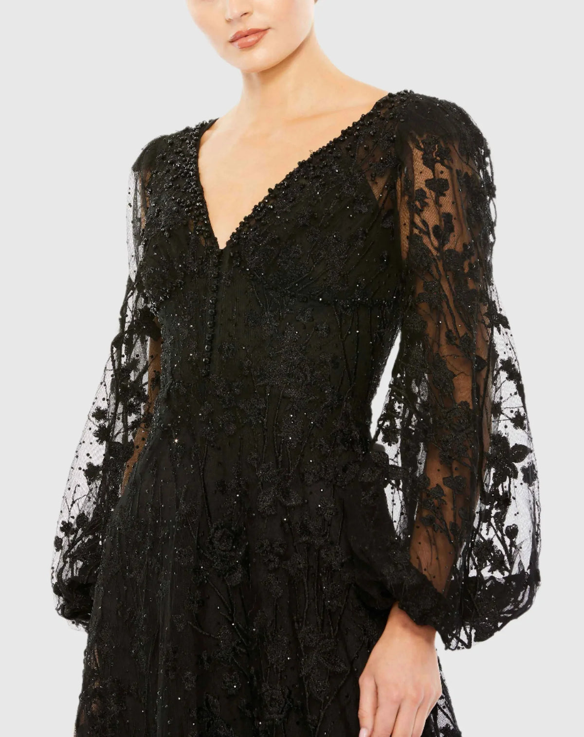 Puff Sleeve A-Line Embroidered Gown - Black