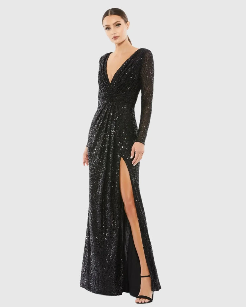 Mac Duggal Sequined Long Sleeve Gown #26490 Black