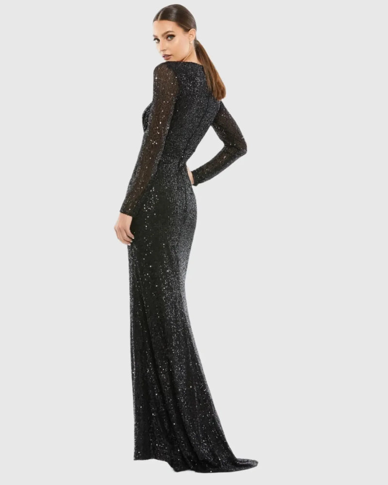 Sequin Long Sleeve Gown - Black