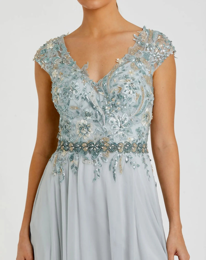 Embellished Cap Sleeve Bodice Flowy Gown - Rose