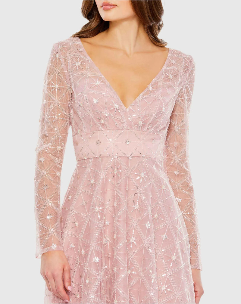 Embellished Illusion Long Sleeve Dress - Rose