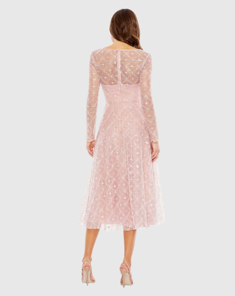 Embellished Illusion Long Sleeve Dress - Rose