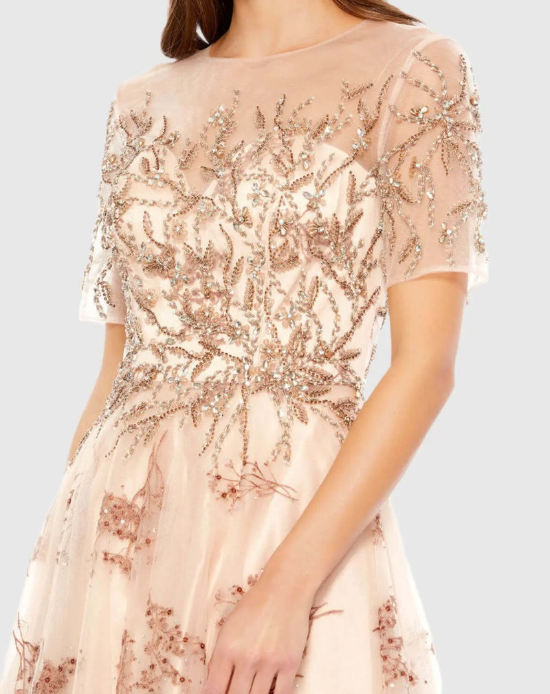 Embellished Illusion Short Sleeve A Line Gown - Champagne